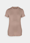 T-Shirt mit kurzen Ärmeln und rundem Ausschnitt in einem hellbraunen Farbton. Hergestellt aus einem glatten, elastischen Stoff ohne Muster oder sichtbare Verzierungen.