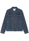 Dunkelblaue Jeansjacke mit Knopfverschluss, zwei Brustklappentaschen mit Knöpfen und zwei seitlichen Einschubtaschen, langen Ärmeln und einem spitzen Kragen.