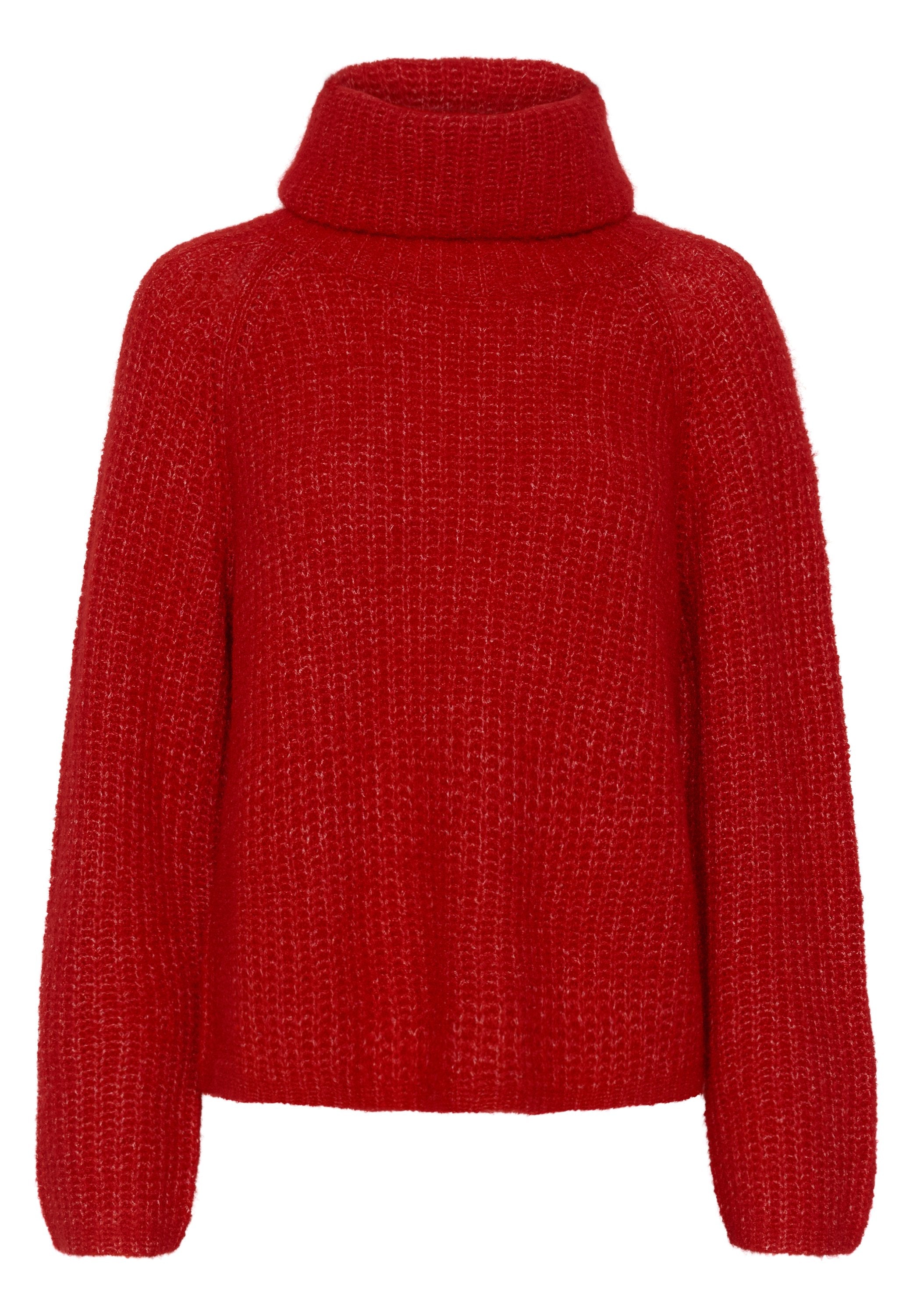 Roter gestrickter Rollkragenpullover mit lockerer Passform, ausgestattet mit einem strukturierten Material und langen Ärmeln. Der Halsausschnitt ist weit und gerippt.