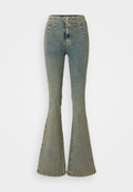 Hochtaillierte, ausgestellte Jeans in hellblauem Denim mit einem ausgewaschenen Finish, ausgestattet mit zwei vorderen Knöpfen, vertikalen Nähten und einer taillierten Silhouette.