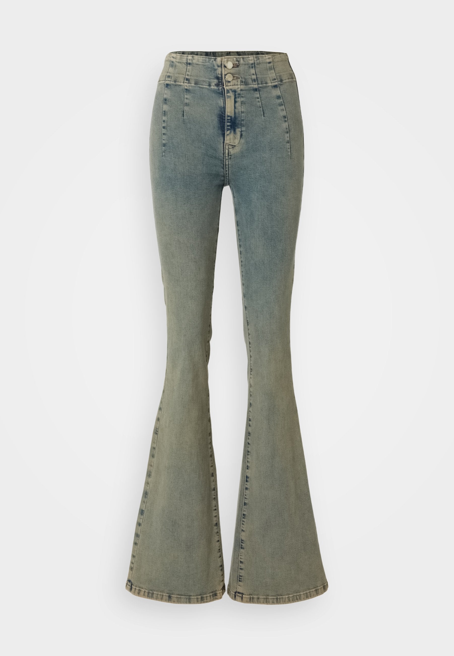Hochtaillierte, ausgestellte Jeans in hellblauem Denim mit einem ausgewaschenen Finish, ausgestattet mit zwei vorderen Knöpfen, vertikalen Nähten und einer taillierten Silhouette.