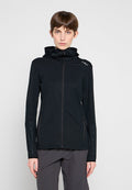 Schwarze Zip-up-Jacke mit Kapuze aus leichtem Stoff, mit figurbetonter Passform, Logo auf der Brust und tonalen Akzenten an den Ärmeln.