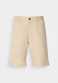 Beige Shorts aus leichtem Stoff, mit flachem Vorderteil, standardgemäßem Bund mit Knopfverschluss und geradem Saum.