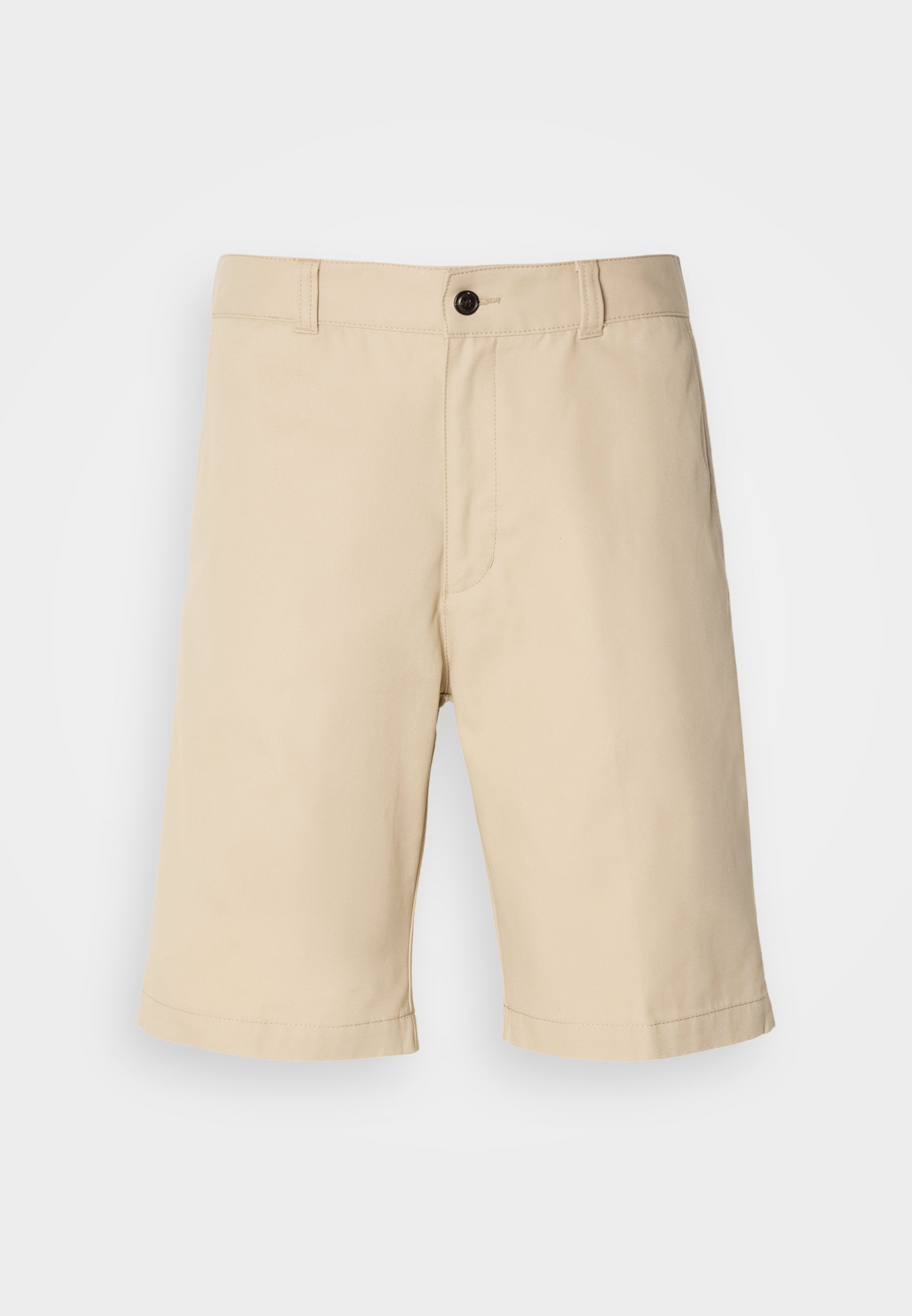 Beige Shorts aus leichtem Stoff, mit flachem Vorderteil, standardgemäßem Bund mit Knopfverschluss und geradem Saum.