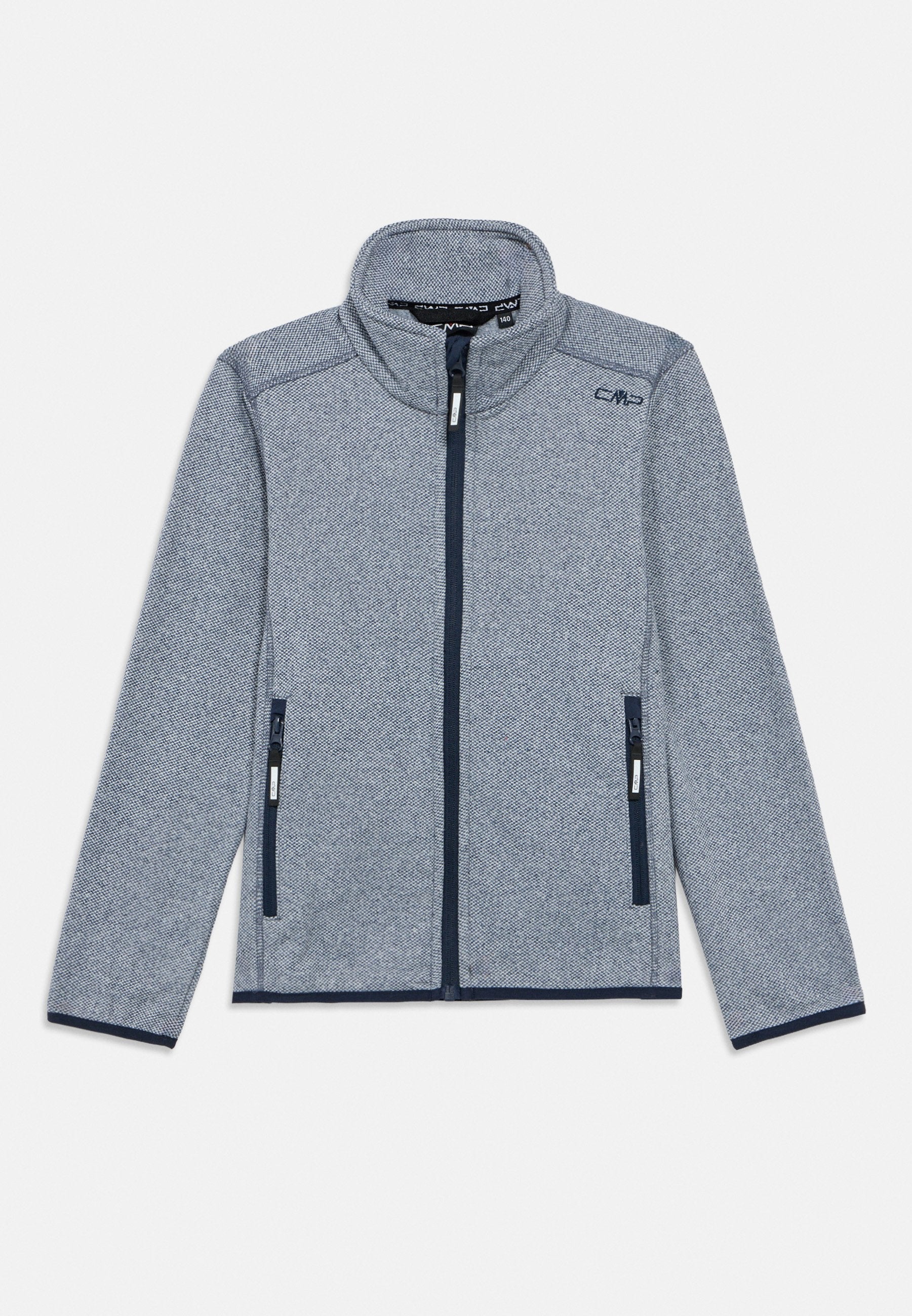 Blauer Fleece-Pullover mit hohem Kragen, Frontreißverschluss und zwei Seitentaschen. Verfügt über ein strukturiertes Muster und marineblaue Akzente.