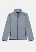 Blauer Fleece-Pullover mit hohem Kragen, Frontreißverschluss und zwei Seitentaschen. Verfügt über ein strukturiertes Muster und marineblaue Akzente.