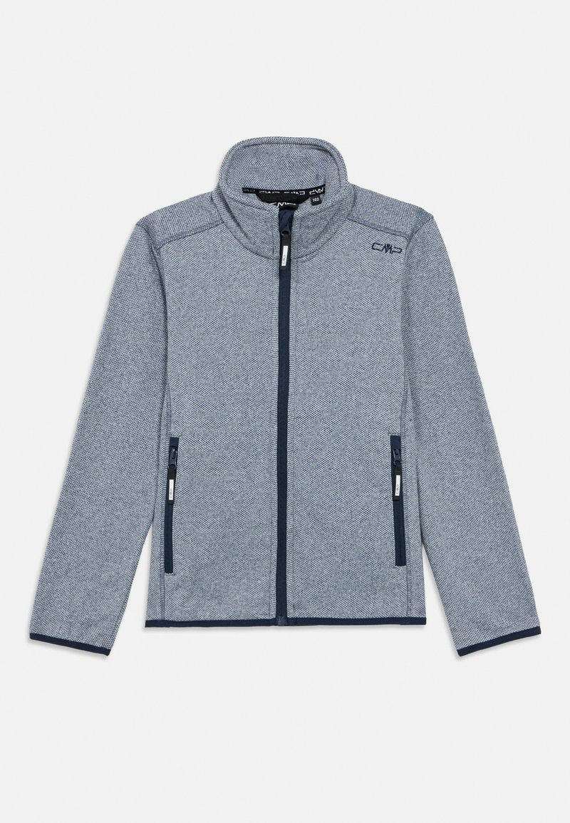 Blauer Fleece-Pullover mit hohem Kragen, Frontreißverschluss und zwei Seitentaschen. Verfügt über ein strukturiertes Muster und marineblaue Akzente.