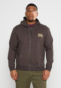 Grauer Zip-Hoodie mit Kordelzugkapuze, Fronttaschen und gelbem "O'Neill Santa Cruz"-Logo. Weicher Stoff mit sichtbaren Nähdetails.