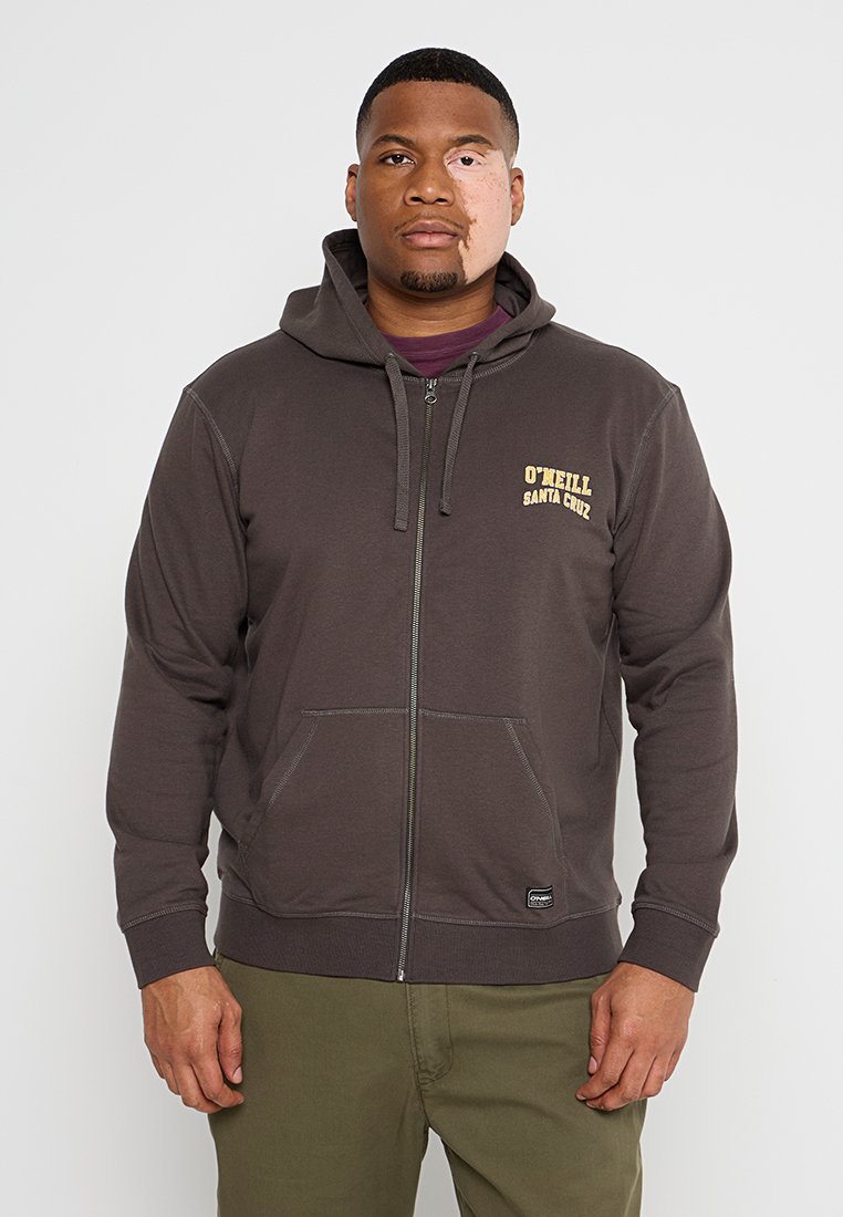 Grauer Zip-Hoodie mit Kordelzugkapuze, Fronttaschen und gelbem "O'Neill Santa Cruz"-Logo. Weicher Stoff mit sichtbaren Nähdetails.