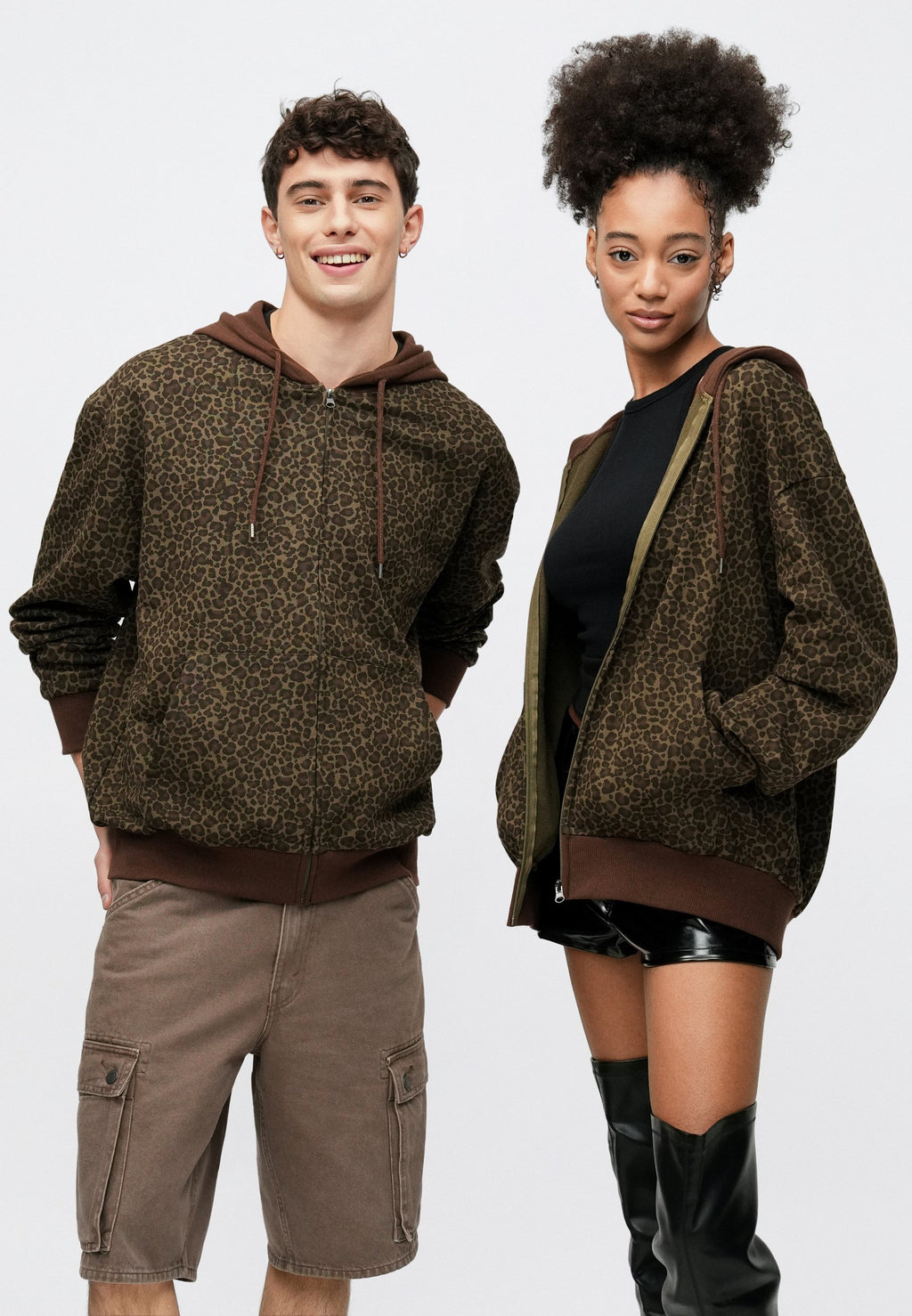 YOURTURN UNISEX RELAXED FIT LEO PRINT ZIP-UP HOODIE