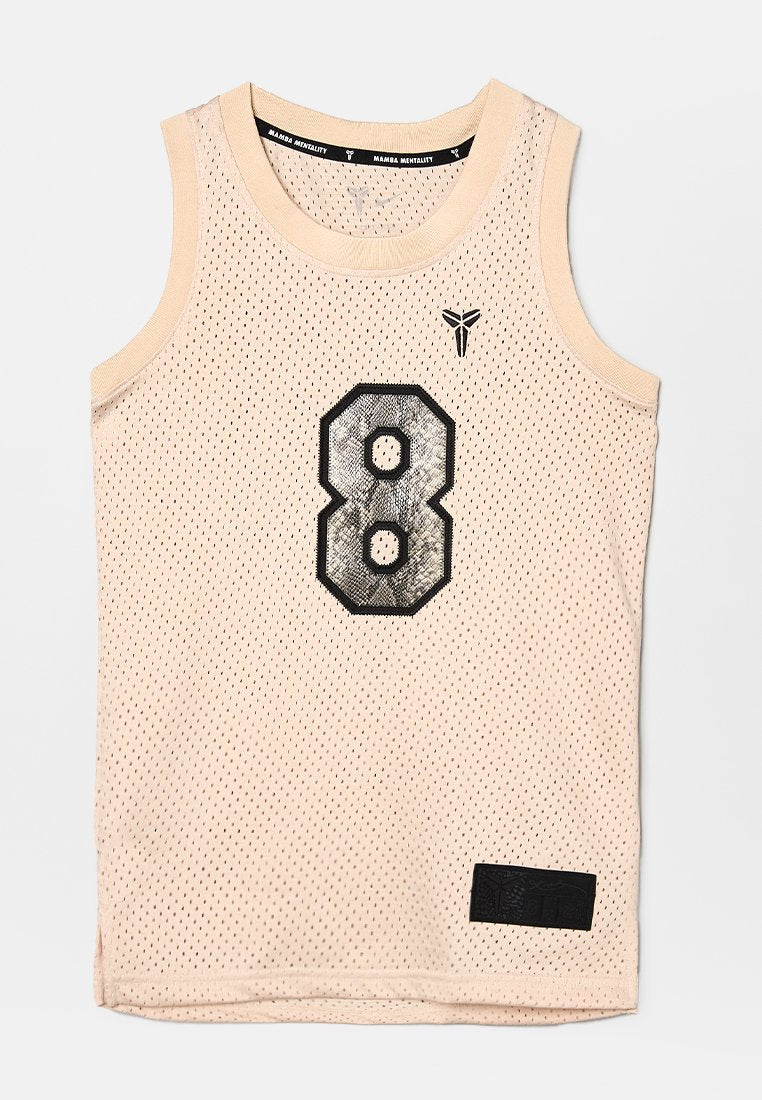 Basketballtrikot aus Netzstoff in hellem Beige, mit einer schwarzen Zahl "8" mit Texturdesign und einem schwarzen Markenetikett am unteren Rand.
