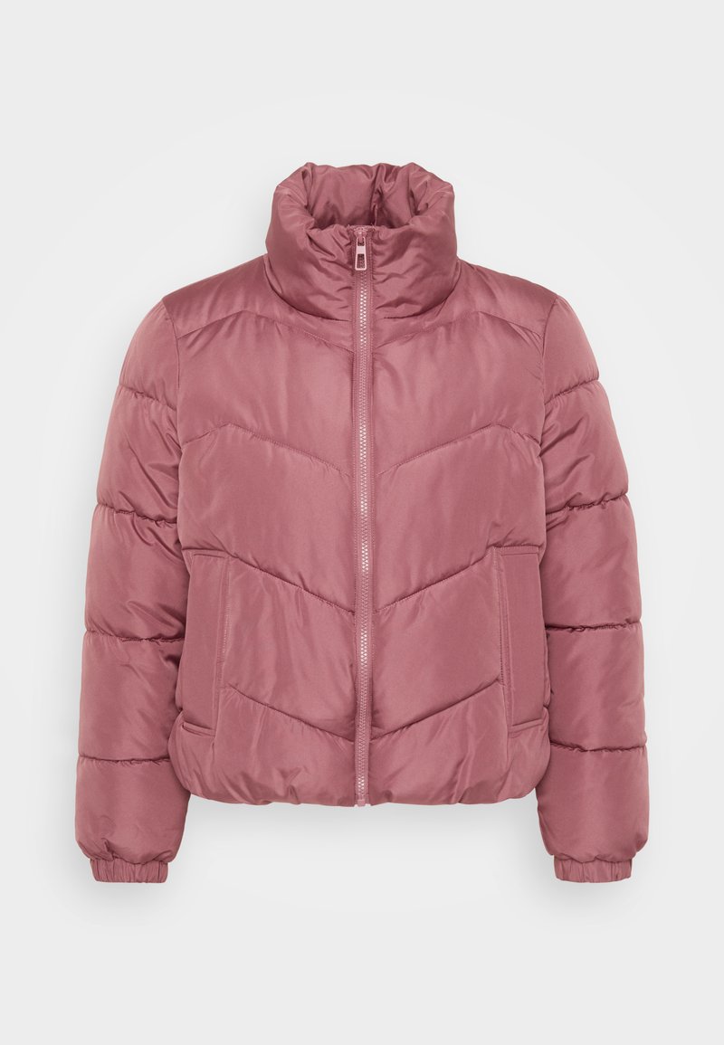 Kurze Steppjacke in einem sanften Rosaton, mit hohem Kragen, Reißverschluss vorne und genähtem Chevron-Muster. Mit elastischen Bündchen und seitlichen Taschen.
