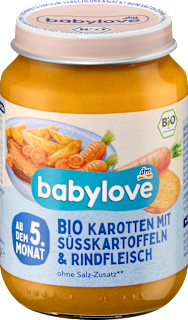 Menü Karotten mit Süßkartoffeln und Rind ab dem 5. Monat babylove