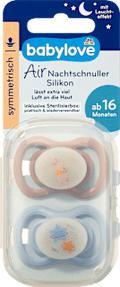 Schnuller Air Nacht Silikon symmetrisch, rosa/blau, ab 16 Monaten babylove
