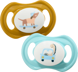 Schnuller Silikon symmetrisch, ocker/türkis, Gr. 2, 5-18 Monate  babylove