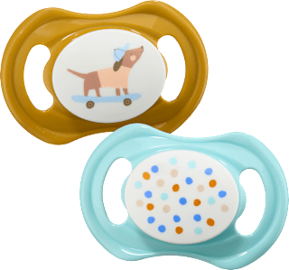 Schnuller Silkon symmetrisch, ocker/türkis, Gr. 1, 0-6 Monate babylove