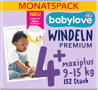 Windeln Premium Gr. 4+ maxiplus (9-15 kg), Monatspack babylove