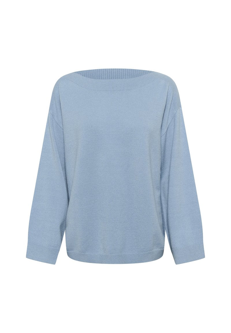 Helles blaues, übergroßes Sweatshirt mit weitem Ausschnitt, Dreiviertelärmeln, geripptem Gewebe und lockerer Passform. Weicher Strickstoff.