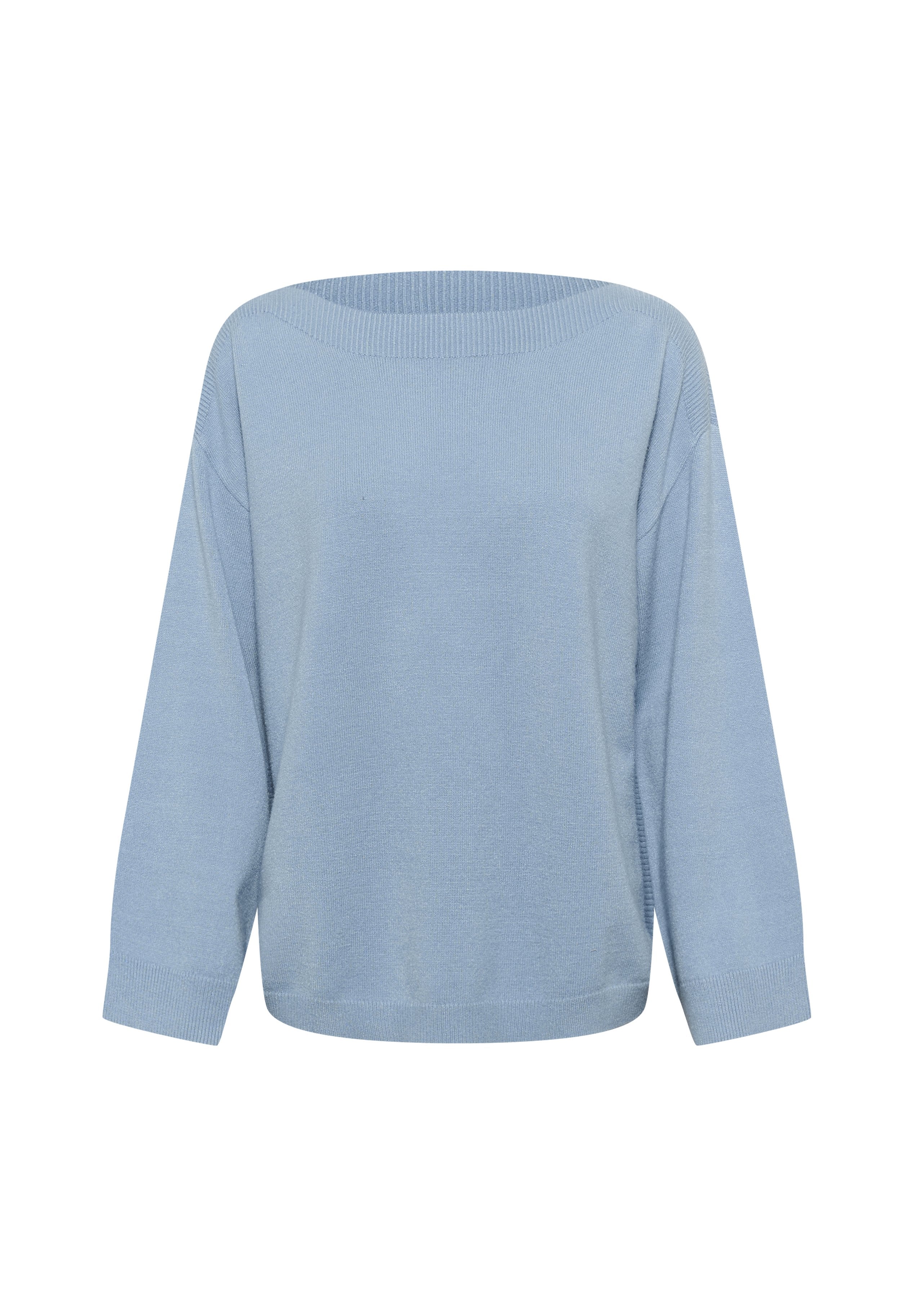 Helles blaues, übergroßes Sweatshirt mit weitem Ausschnitt, Dreiviertelärmeln, geripptem Gewebe und lockerer Passform. Weicher Strickstoff.