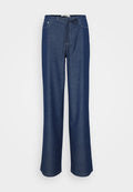 Dunkelblaue Jeanshose mit bequemem Schnitt, elastischem Bund, Kordelzugdetail und kontrastierenden weißen Nähten.