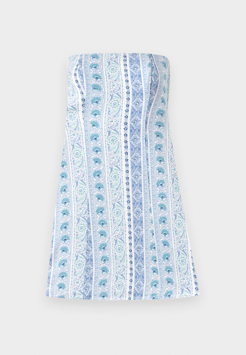 Trägerloses Kleid in Weiß mit vertikalen blauen und grünen Blumenstreifen, das eine glatte Textur und ein eng anliegendes Oberteil mit einem ausgestellten Rock bietet.