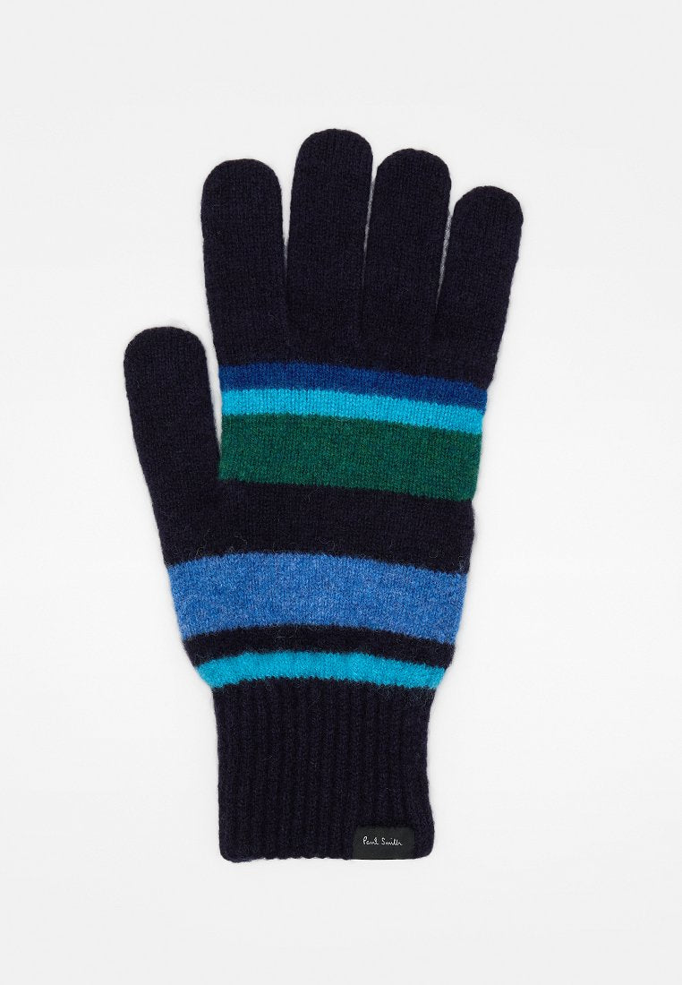 Strickhandschuhe in Marineblau mit mehrfarbigen Streifen: Hellblau, Grün und Dunkelblau. Verfügen über eine gerippte Bündchen und ein Markenetikett am Handgelenk.