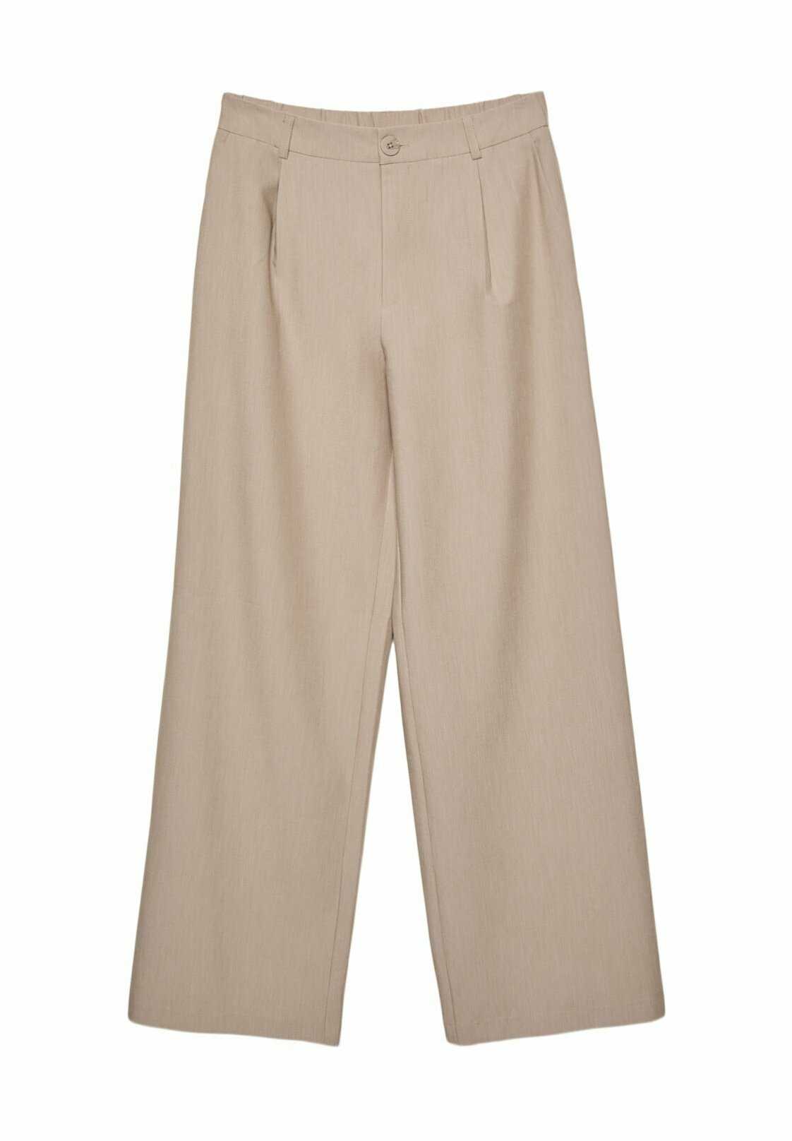 Beige Harem-Hosen mit glatter Textur, Frontfalten, einer Knopfverschluss und Gürtelschlaufen.