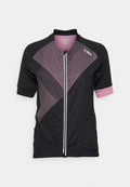 Schwarzes Radtrikot mit rosa geometrischen Mustern, kurzen Ärmeln, Reißverschluss vorne, rosa Bündchen an einem Ärmel und CMP-Logo auf der Brust.