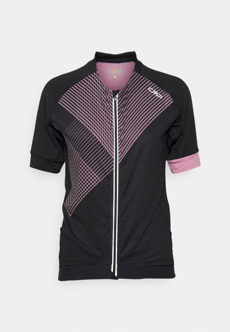 Schwarzes Radtrikot mit rosa geometrischen Mustern, kurzen Ärmeln, Reißverschluss vorne, rosa Bündchen an einem Ärmel und CMP-Logo auf der Brust.