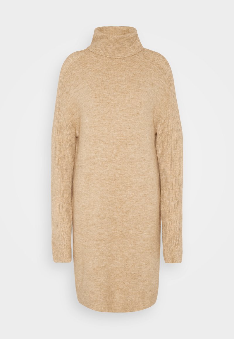Beige Rollkragenpullover, weiche Stricktextur, lockerer Schnitt, lange Ärmel und leicht übergroßes Design.