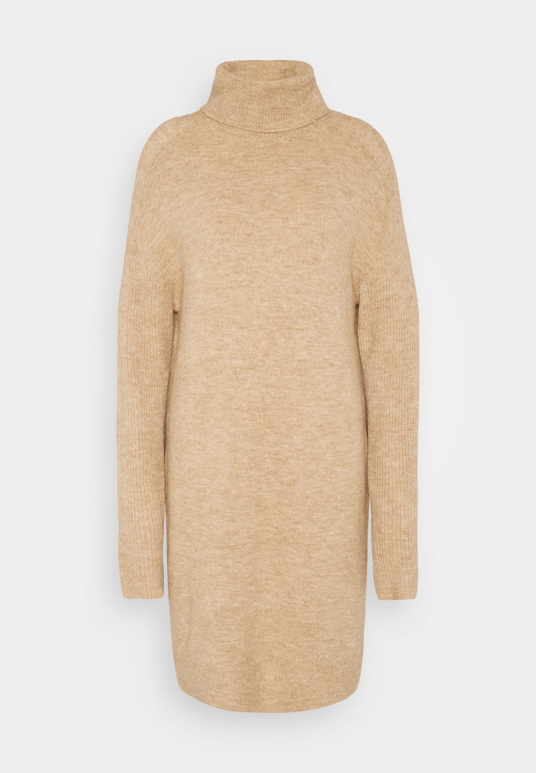 Beige Rollkragenpullover, weiche Stricktextur, lockerer Schnitt, lange Ärmel und leicht übergroßes Design.