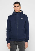 Marineblaue Zip-Hoodie aus weichem Material, ausgestattet mit einer gefütterten Kapuze,Fronttaschen und einem gestickten Logo auf der Brust, mit lässiger Passform.