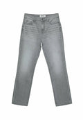 Graue Denim-Jeans mit geradem Bein. Zu den Merkmalen gehören ein Knopfverschluss, Gürtelschlaufen und Vorder-/Rückentaschen mit leichter Ausbleichung.