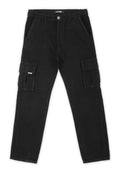 Schwarze Cargo-Hose aus einem Baumwollmix. Sie verfügt über Taschen, einen Knopfverschluss und einen lockeren Schnitt mit geradem Bein.