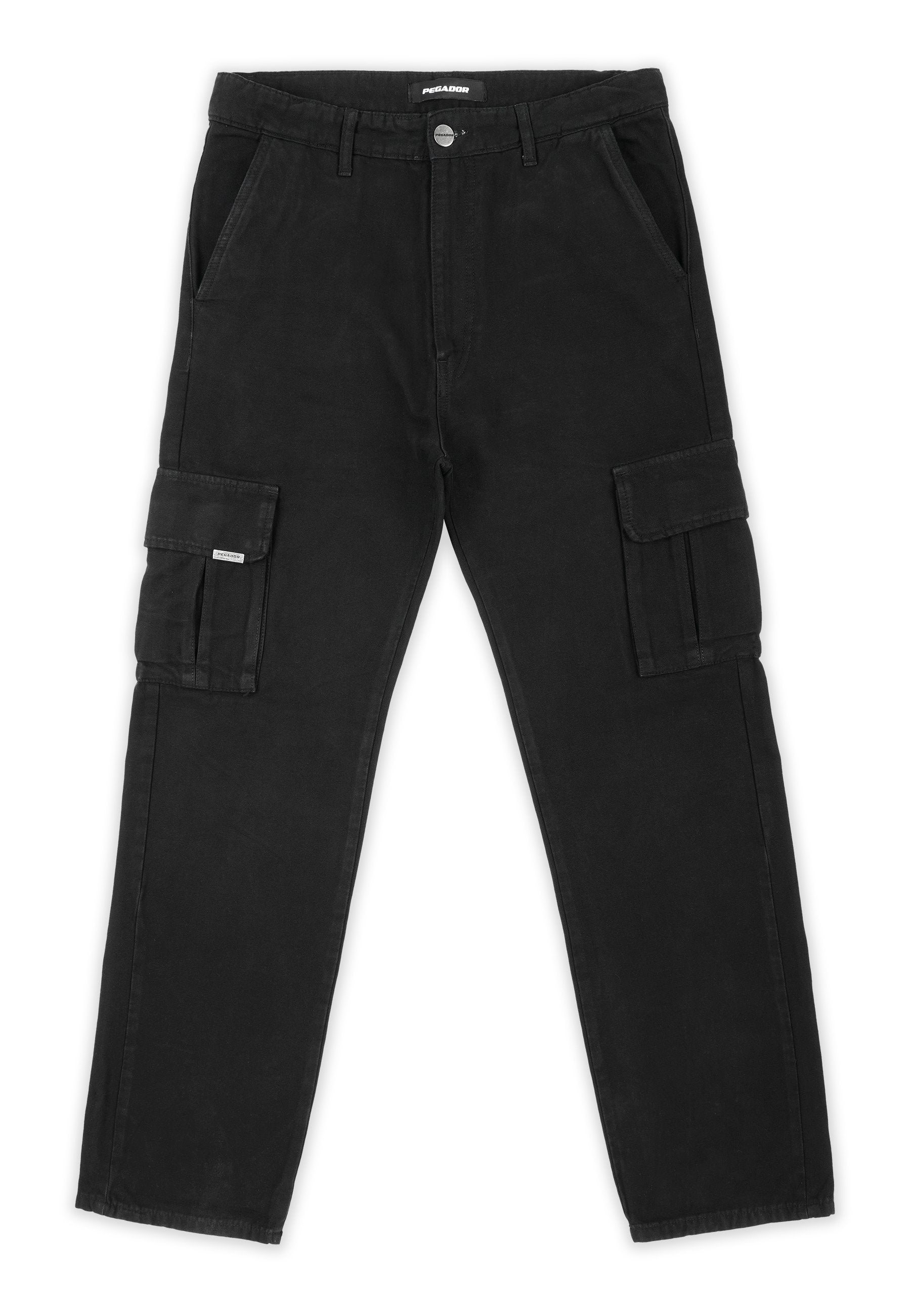 Schwarze Cargo-Hose aus einem Baumwollmix. Sie verfügt über Taschen, einen Knopfverschluss und einen lockeren Schnitt mit geradem Bein.