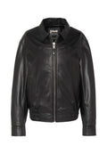 Schwarze Lederjacke mit Frontreißverschluss, Kragen, zwei seitlichen Taschen und elastischem Bund.
