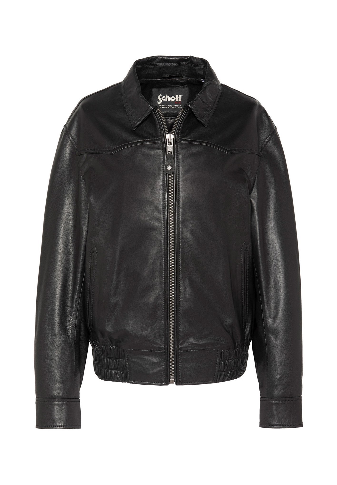Schwarze Lederjacke mit Frontreißverschluss, Kragen, zwei seitlichen Taschen und elastischem Bund.