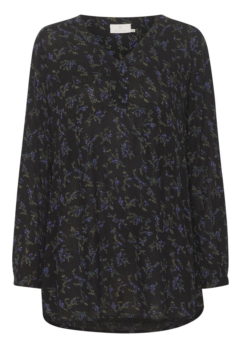 Schwarze Langarmbluse mit V-Ausschnitt, floralem Muster in Blau und Grün, leichtem Stoff und leicht gerundetem Saum.
