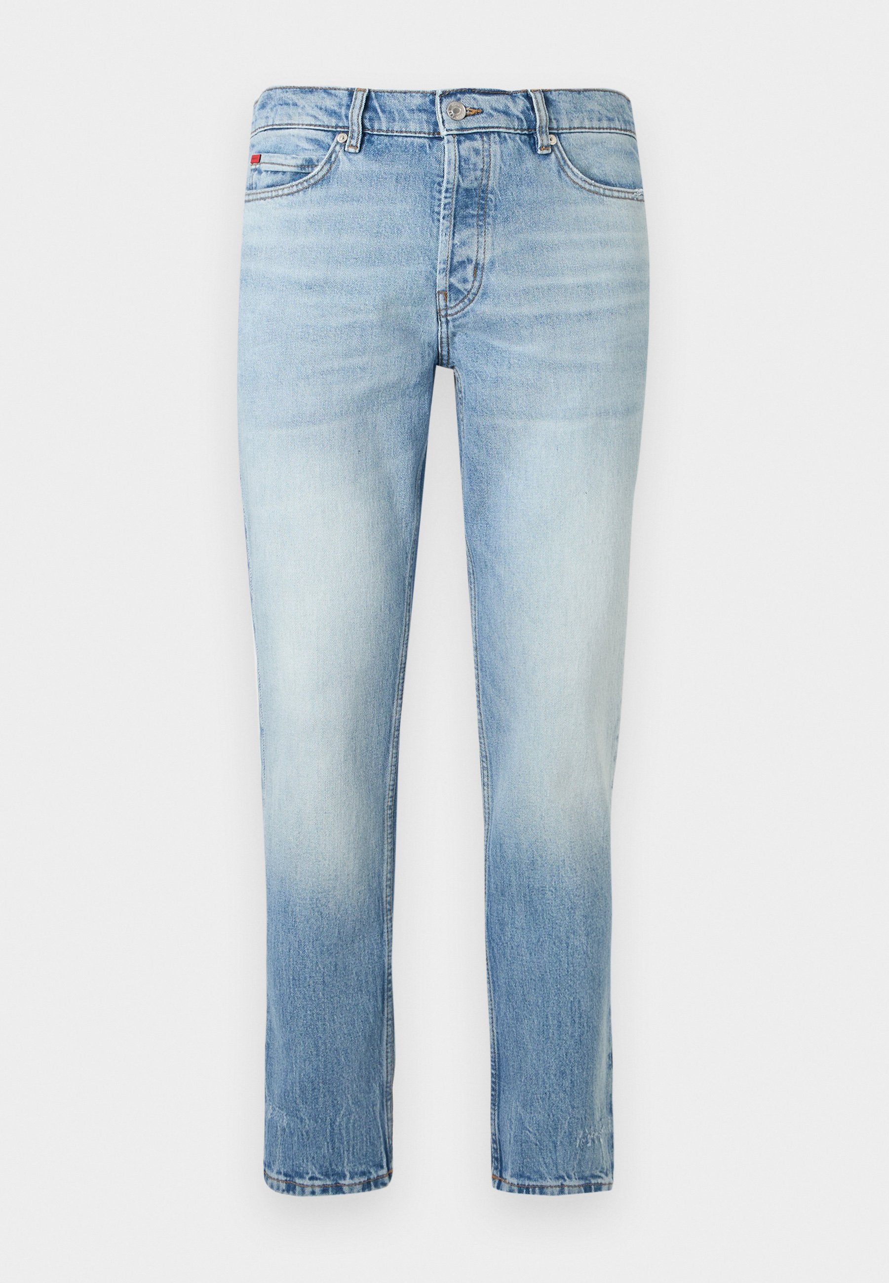 Hellblaue Slim-Fit-Jeans mit verwaschenem Look, vorne Knopf- und Reißverschluss und Fünf-Taschen-Stil.