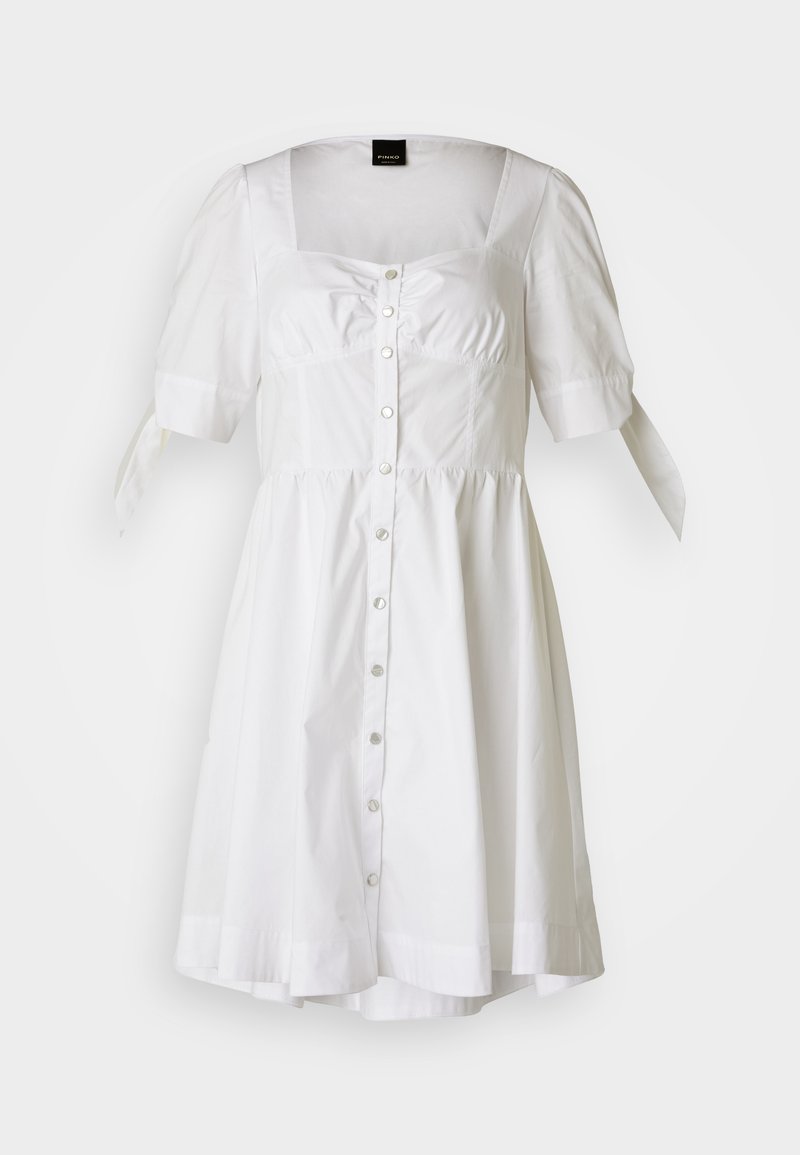 Weißes Baumwollkleid mit kurzen Puffärmeln, quadratischem Ausschnitt, funktionalen Vorderknöpfen und Bindebändern an den Ärmeln. Glockenrock-Design.