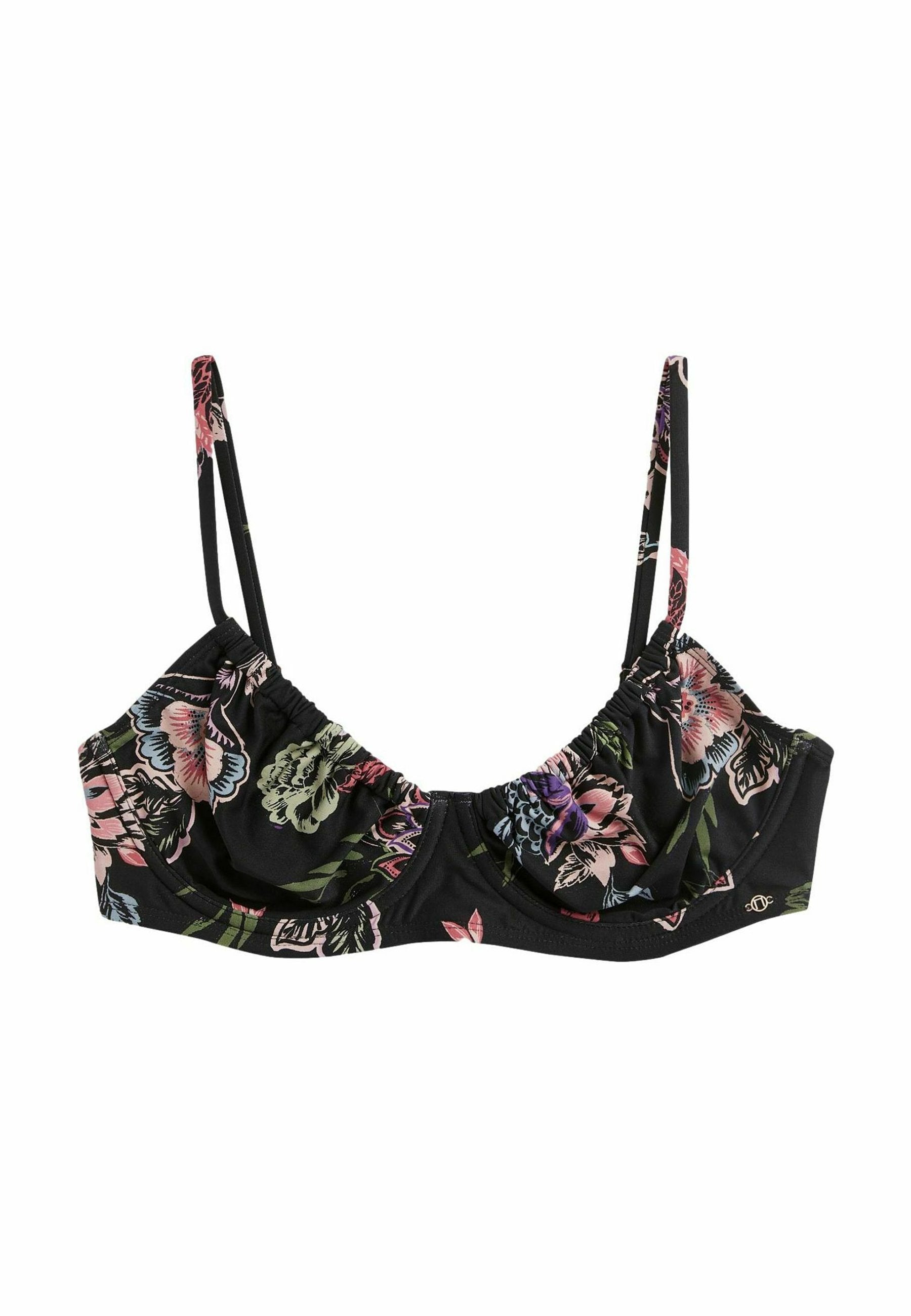 Schwarzer Bikini-Oberteil mit bunten Blumenmustern, gerafftem Vorderdesign, verstellbaren Trägern und einem Hakenverschluss auf der Rückseite.