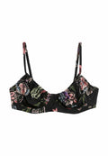 Schwarzer Bikini-Oberteil mit bunten Blumenmustern, gerafftem Vorderdesign, verstellbaren Trägern und einem Hakenverschluss auf der Rückseite.