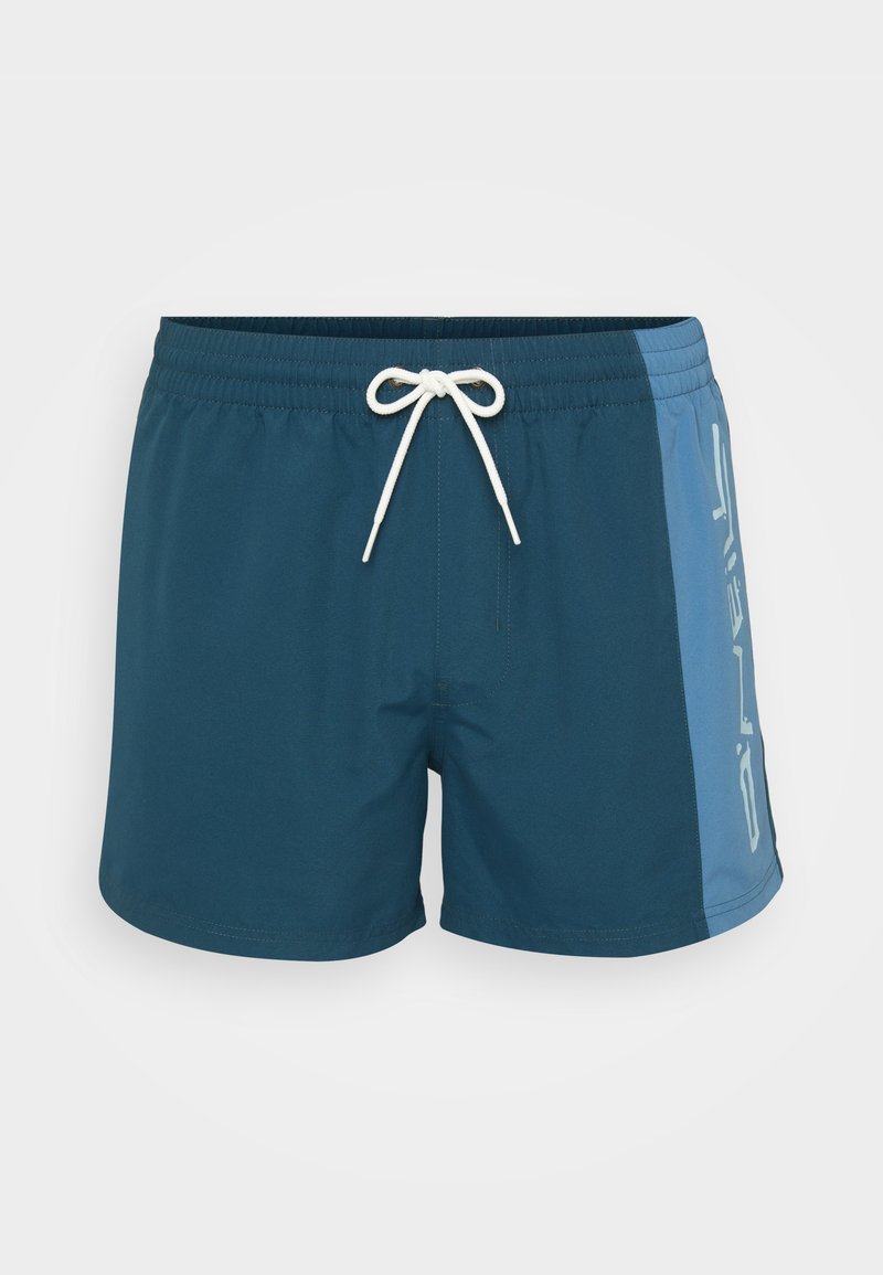 Herren Badeshorts in dunkeltürkis mit einem hellblauen Seitenpanel. Mit elastischem Bund und weißem Kordelzug sowie seitlichem Logodruck. Glatte Textur.