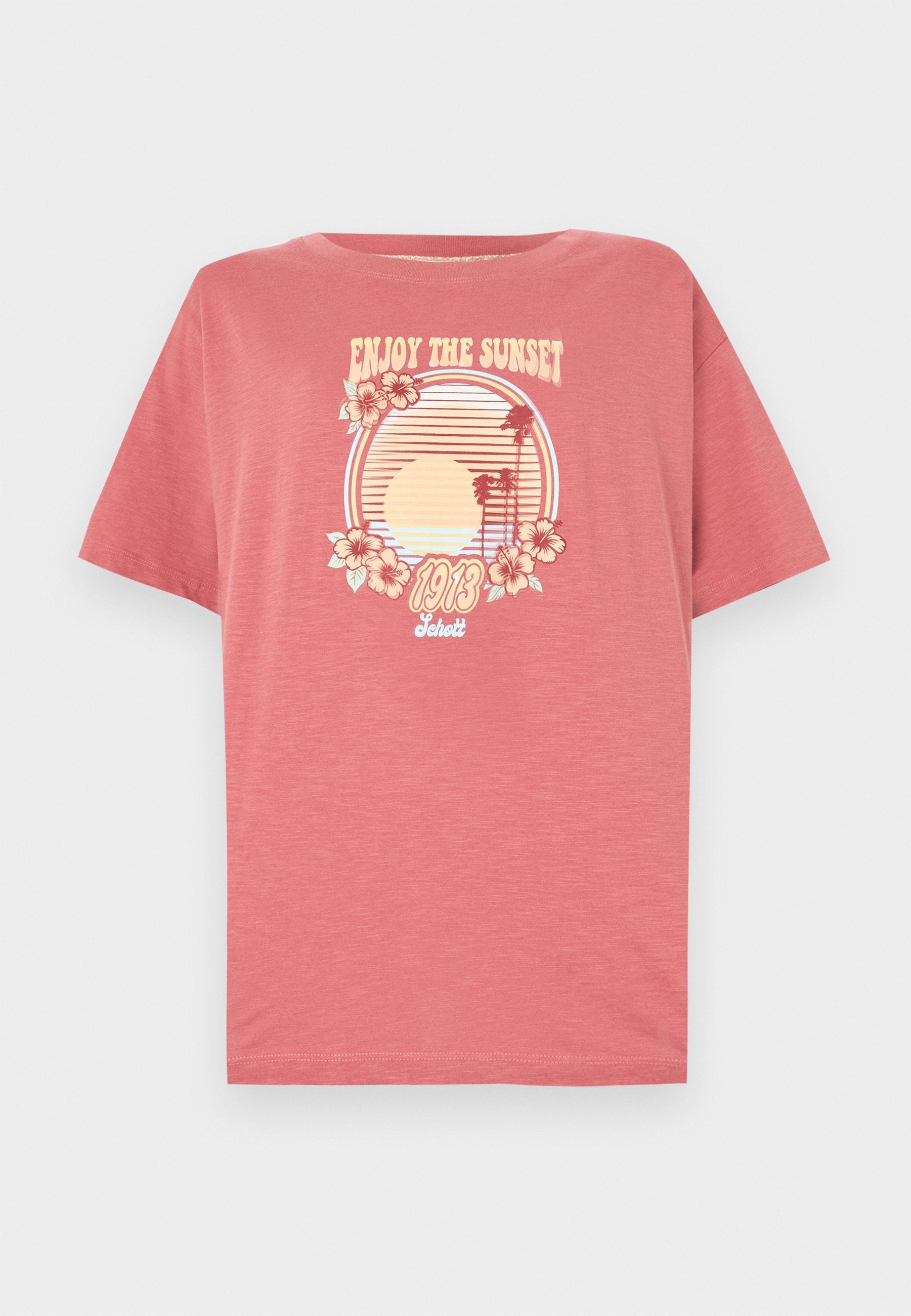 Rosa Baumwoll-T-Shirt mit kurzen Ärmeln. Mit einem Sonnenuntergangs-Graphic-Design, das Streifen, Palmen und Blumen zeigt. Rundhalsausschnitt.