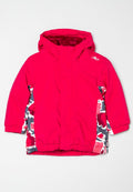 Rosa wasserdichte Jacke mit Kapuze, versehen mit floralen Seitendetails in Rot und Grau, elastischen Bündchen und einem Zugbandsaum.