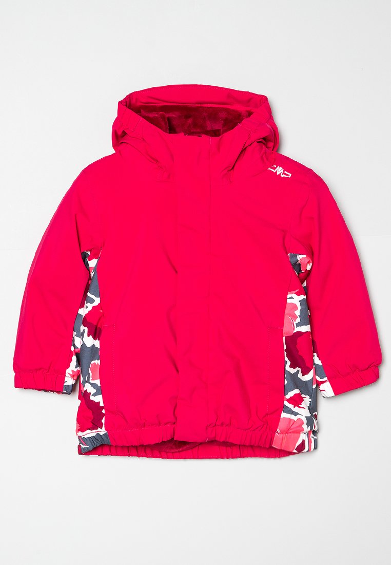 Rosa wasserdichte Jacke mit Kapuze, versehen mit floralen Seitendetails in Rot und Grau, elastischen Bündchen und einem Zugbandsaum.