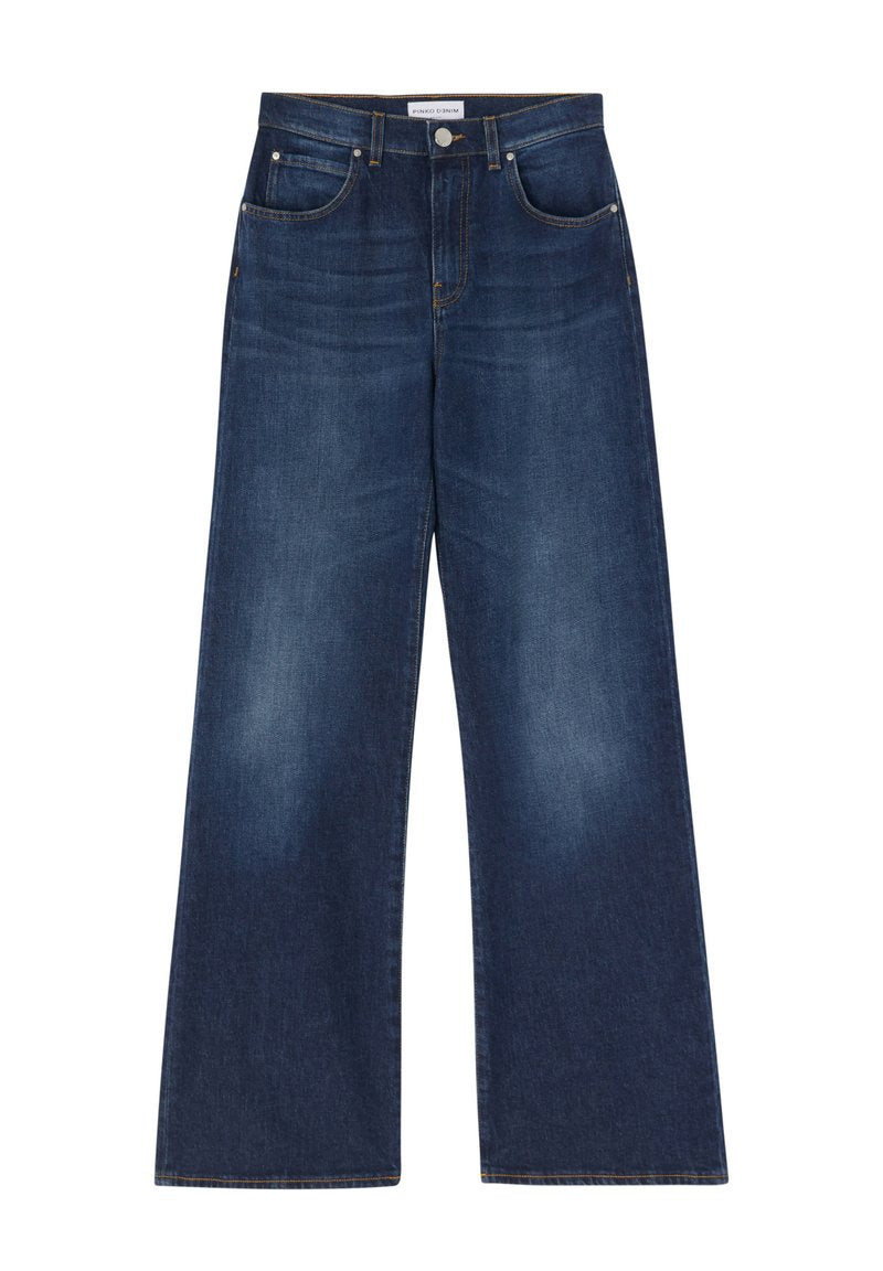 Hochtaillierte weit geschnittene Jeans in dunkelblauem Denim. Mit fünf Taschen, Gürtelschlaufen und einer leichten Ausbleichung an der Vorderseite für Struktur.