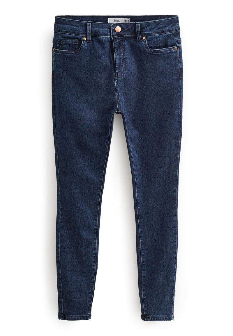 Schmale Jeans aus dunkelblauem Denim mit einer taillierten Passform, klassischem Fünf-Taschen-Stil und goldenen Metallakzenten am Bund.