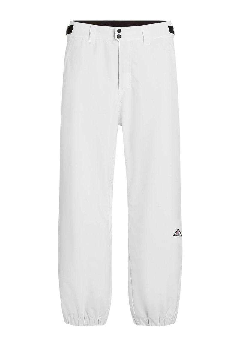 Weiße Hose mit schmalem Bund, zwei metallischen Knöpfen und elastischen Bündchen. Mit einem Dreieckslogo auf dem linken Bein. Glatte Stofftextur.
