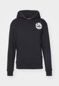 Schwarzer Hoodie aus Baumwollmischgewebe. Mit einer vorderen Kängurutasche, weißem Logo auf der linken Brust und gerippten Bündchen und Saum.